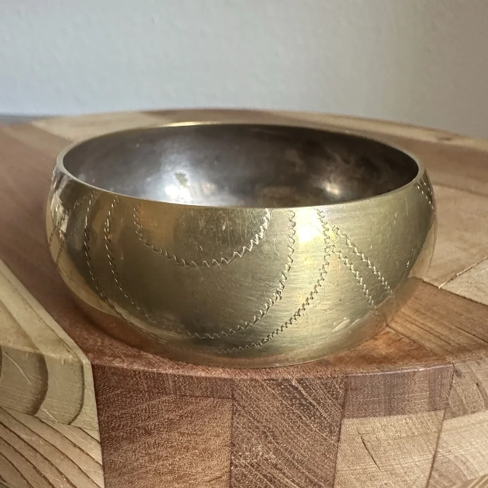 Vintage Brass Bangle Bracelet Size 8.5 Chunky Wide Etched Hammered Boho Gold